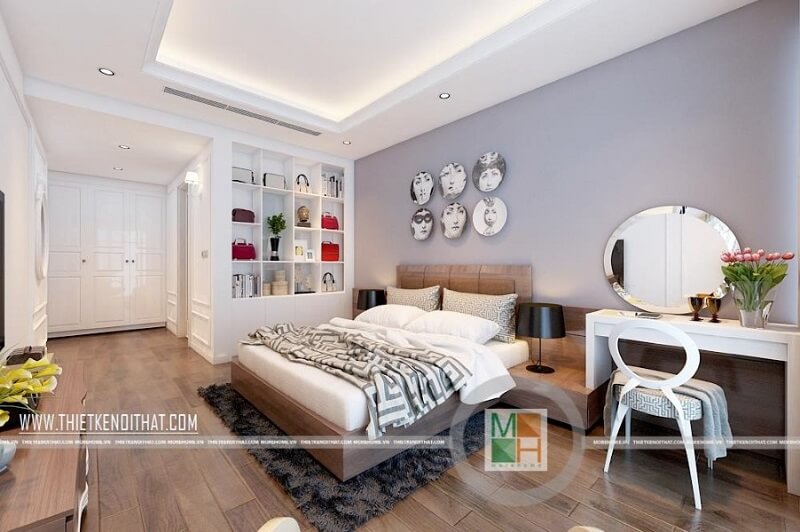 Mẫu giường ngủ chung cư đẹp bọc da đầu giường màu nâu mang đến cảm giác sang trọng cho căn phòng ngủ của gia chủ Mẫu nội thất chung cư đẹp