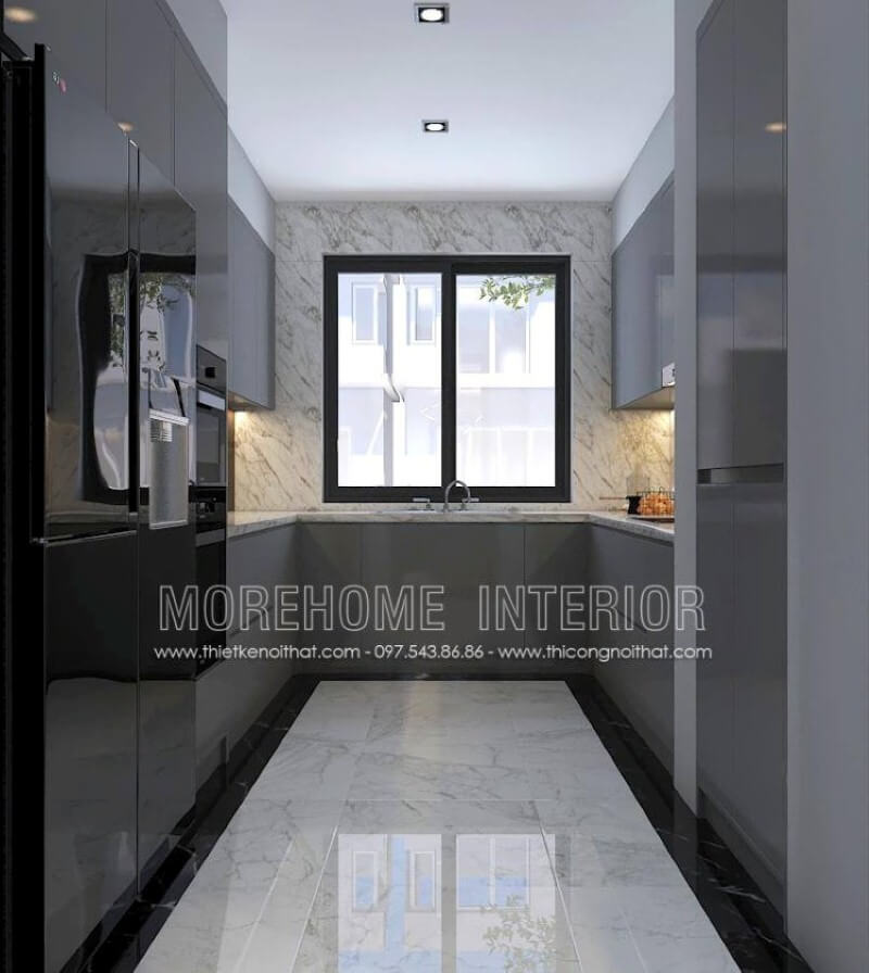 Xu hướng trang trí phòng bếp đẹp theo phong cách hiện đại sử dụng đá lớn ốp tường đang trở thành trào lưu vừa tăng tính thẩm mỹ mà còn giúp phòng bếp luôn được như mới. Hiện nay bạn còn có thể sử dụng đá uốn cong từ mặt bàn bếp và tường bếp để tạo sự liền mạch không một vết nối từ các dòng đá cao cấp như đá LG chuyên được thi công bởi Morestone. Mẫu nội thất chung cư đẹp