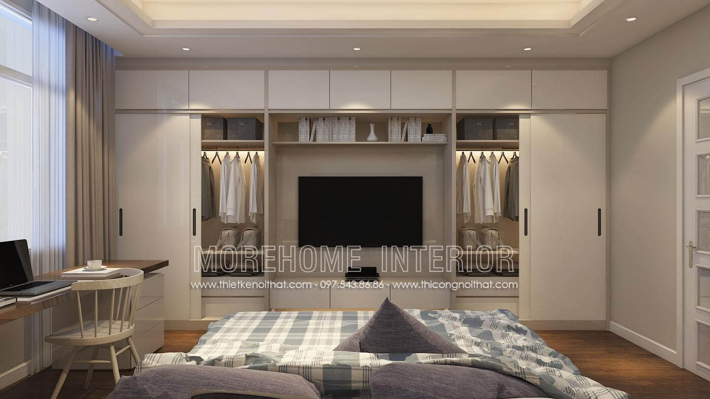 Sự kết hợp hoàn hảo giữa tủ áo và kệ tivi, tinh tế và không nhàm chán, cánh cửa lùa phù hợp với phòng ngủ chung cư, làm cho không gian phòng ngủ thoáng và cảm giác rộng hơn rất nhiều Mẫu nội thất chung cư đẹp
