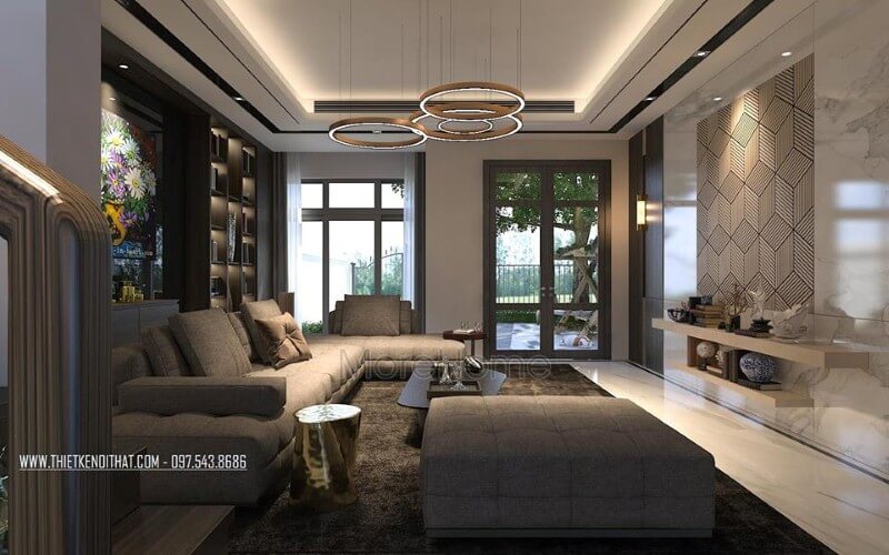 Bộ sofa hiện đại thiết kế kiểu dáng góc tiện lợi với vỏ bọc vải êm ái mang lại cảm giác gần gũi ấm cúng cho phòng khách chung cư, nhà phố Thiết kế phòng khách biệt thự