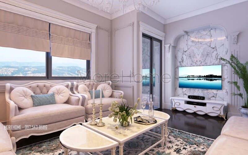 Mẫu sofa phòng khách tân cổ điển với tone màu trắng chủ đạo mang đến một không gian tiếp khách sang trọng và tinh tế. sofa tân cổ điển