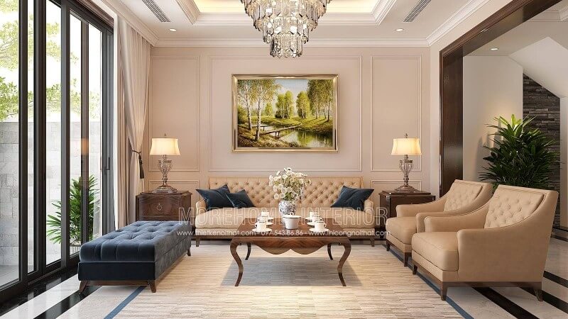 Mẫu sofa gỗ óc chó bọc nỉ tân cổ điển cao cấp cho nhà phốchung cư mang lại không gian nội thất phòng khách sang trọng sofa tân cổ điển
