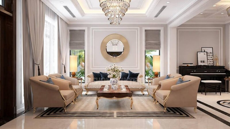 Bộ bàn ghế sofa chân gỗ mạ vàng đẹp, sang trọng cho không gian phòng khách biệt thự, nhà phố. sofa tân cổ điển