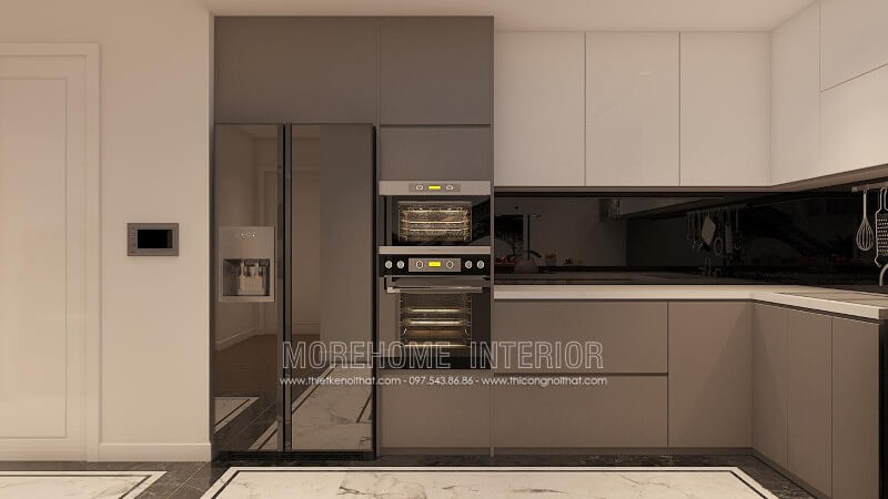 Tủ bếp Acrylic bóng gương với 2 gam màu đối lập xám - trắng ấn tượng không bao giờ bị lỗi mốt Tủ bếp gỗ công nghiệp và tủ bếp acrylic
