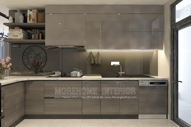Tủ bếp gỗ công nghiệp mang vẻ đẹp hiện đại, đơn giản, với màu xám nhẹ nhàng làm toát lên sự tinh tế, hiện đại. Sản phẩm này đã và đang có mặt tại căn bếp của nhiều hộ gia đình Tủ bếp gỗ công nghiệp và tủ bếp acrylic