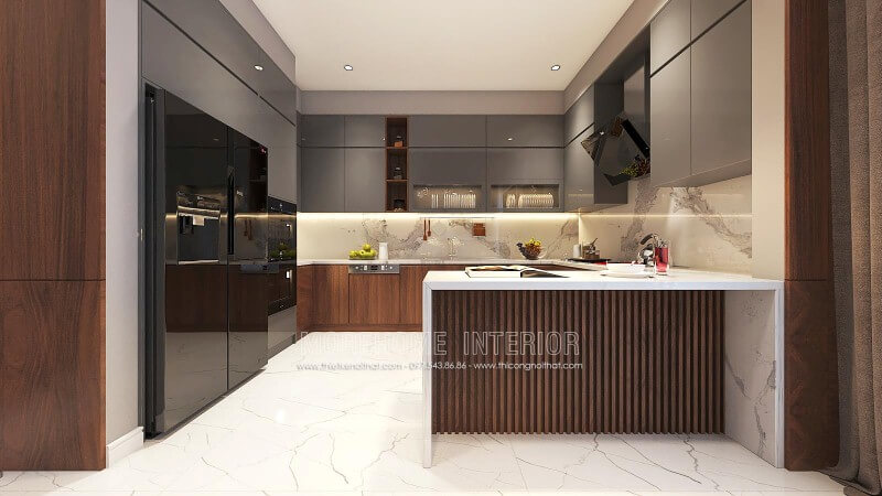 Tủ bếp gỗ acrylic đẹp sang trọng cho phòng bếp nhà phố, biệt thự hiện đại. Tủ bếp đẹp