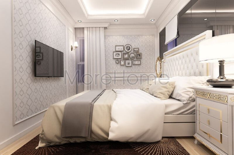 Mẫu giường ngủ tân cổ điển đầu giường bọc da được coi là điểm nhấn cho một không gian riêng tư sang trọng và ấn tượng Mẫu nội thất chung cư đẹp