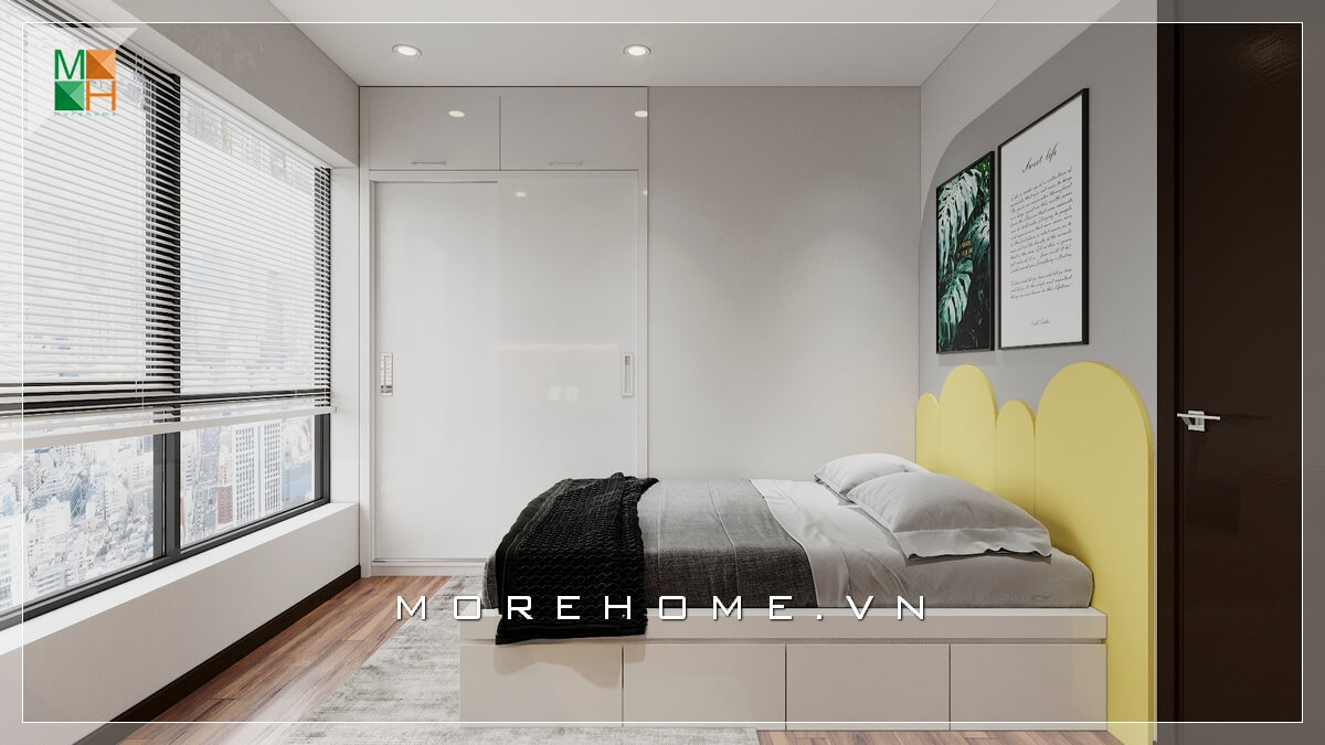 Mẫu giường ngủ khung gỗ hiện đại hướng ra phía cửa sổ thiết kế rộng, sắc vàng đầu giường nổi bật tạo điểm nhấn cho căn phòng ngủ chung cư. Mẫu nội thất chung cư đẹp