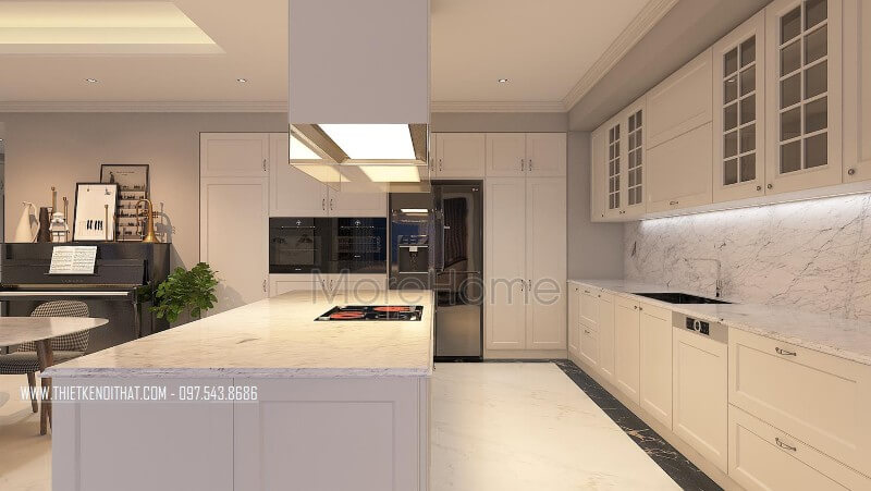 Phòng bếp được thiết kế sang trọng trong gam màu trắng tinh khôi với thiết bị bếp được lựa chọn mẫu thiết bị cao cấp nhất Thiết kế phòng bếp