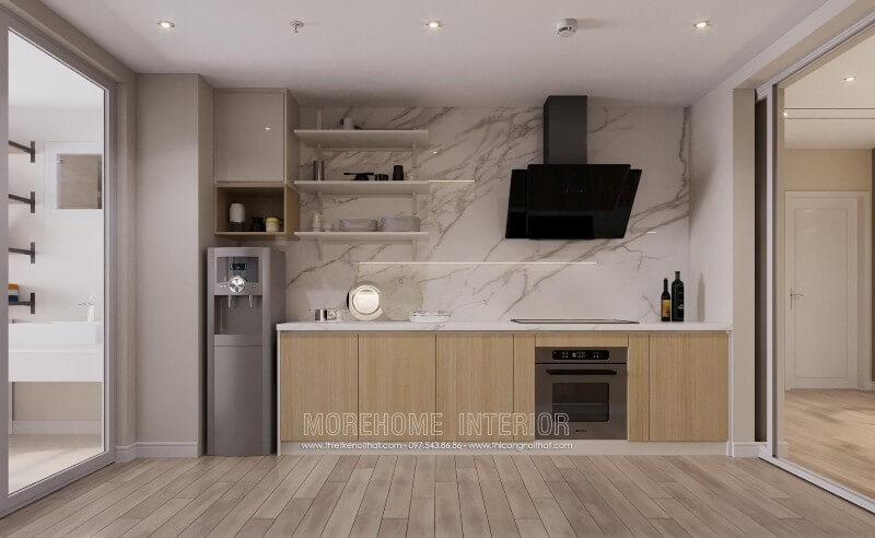 Tủ bếp gỗ công nghiệp MDF màu nâu sáng thiết kế nhiều ngăn hỗ trợ lưu chứa đồ đạc cho người nội trợ mẫu tủ bếp gỗ công nghiệp An Cường