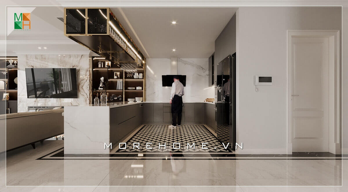 Mẫu tủ kệ gỗ treo đẹp sang trọng, có công dụng để đồ, cốc và ly rất tiện lợi mẫu tủ bếp gỗ công nghiệp An Cường