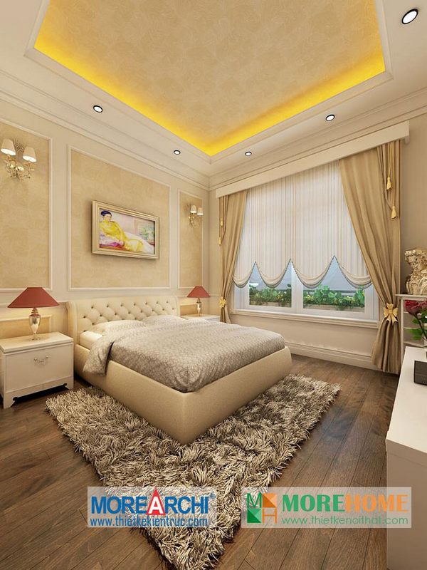 Mẫu giường ngủ gỗ bệt bọc nỉ với thiết kế đầu giường bọc da mang lại cảm giác ấm áp và thư giản