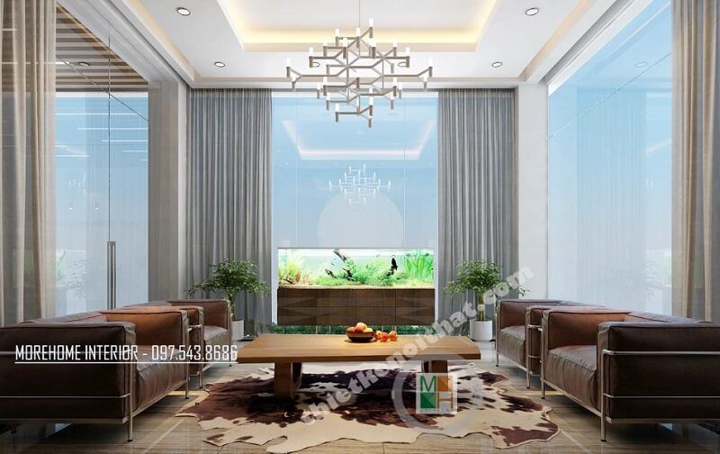 Mẫu thiết kế nội thất phòng khách biệt thự đẳng cấp với sự xuất hiện của bộ sofa bọc da cao cấp tạo điểm nhấn nổi bật cho căn phòng