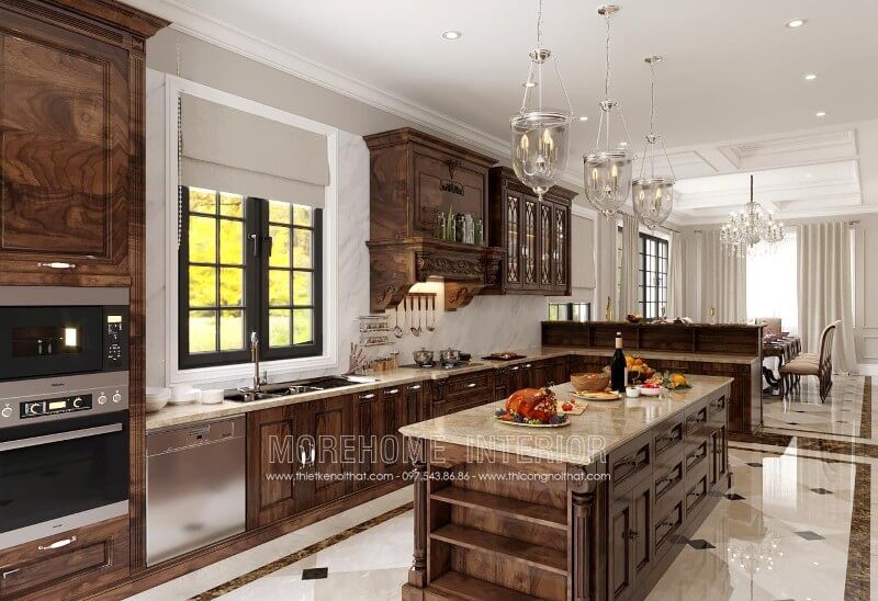 Trang trí nội thất tủ bếp gỗ tự nhiên tại biệt thự Spendora Bắc An Khánh Hà Nội