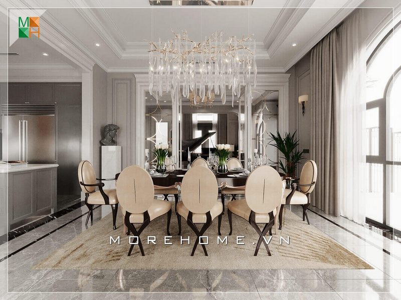 Bàn ăn 8 ghế bọc da chân gỗ óc chó cao cấp có phong cách tân cổ điển sẽ làm tạo nên ấn tượng tuyệt vời trong không gian phòng ăn biệt thự cao cấp.