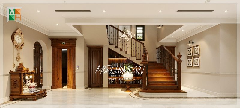 Cầu thang gỗ là một liên kết giữa không gian ở tầng trên và tầng dưới trong tổ ấm của gia đình.