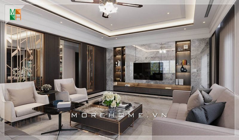 Bàn trà có kiểu dáng hiện đại với mặt bàn đá cao cấp kết hợp chân sắt mạ vàng giúp tạo nên sự sang trọng cho không gian phòng khách chung cư, nhà phố, biệt thự phong cách hiện đại.