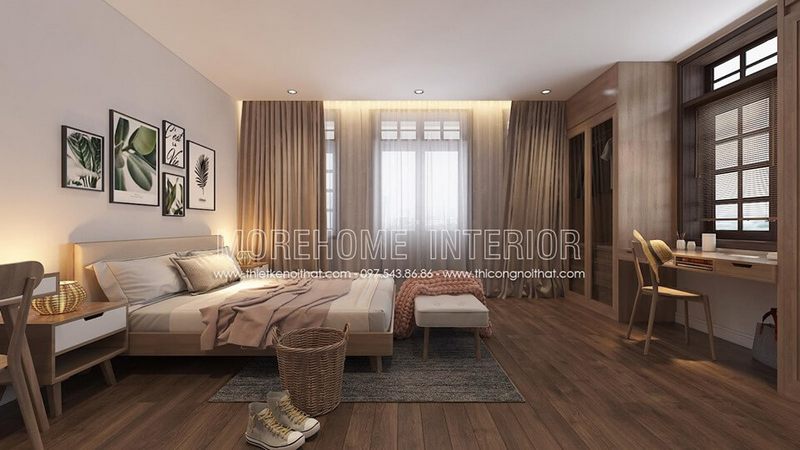 .
Phòng ngủ có thiết kế sàn gỗ công nghiệp với gam màu đồng điệu và nội thất giúp căn phòng trở nên thoáng đãng hơn.