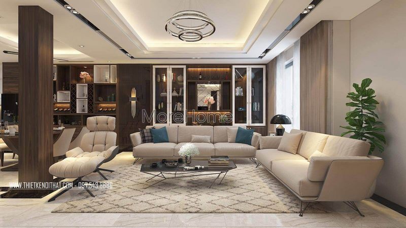 Kệ gỗ trang trí được thiết kế với sự kết hợp giữa âm tường và cửa kính giúp cho phòng khách trở nên độc đáo và sang trọng hơn.