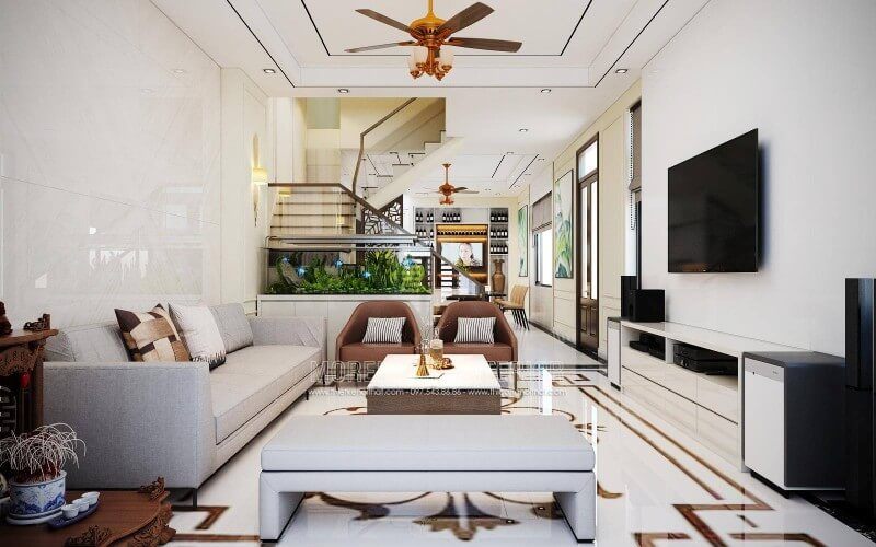 Sofa bọc vải hiện đại với thiết kế đơn giản được sử dụng để trang trí phòng khách, tạo nên không gian tiếp khách tinh tế.